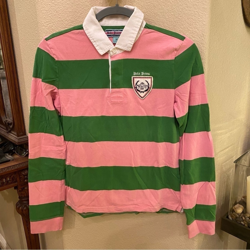 Vintage POLO JEANS Ralph Lauren Girls Kids Pink Green Stripe Rugby Top Size M